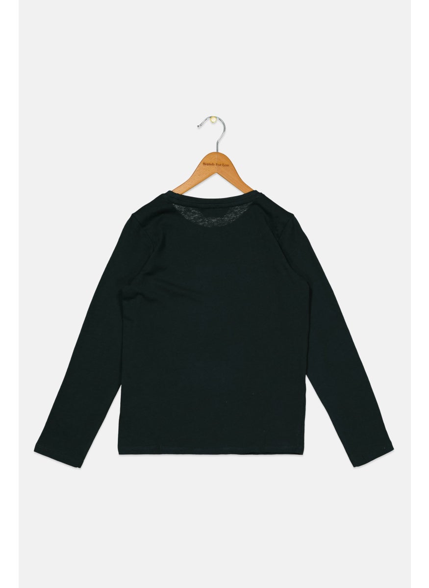 Tchibo Kids Girl Crew Neck Long Sleeves Textured Pattern Top, Green  - Image 2