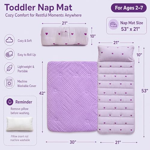 DuShow Toddler Nap Mat with Pillow and BlanketPurple Heart Slumber Bags for GirlsUltra Soft Kids Sleeping Bags with Roll Up DesignPerfect for PreschoolDaycareKindergartenPurple - Image 3