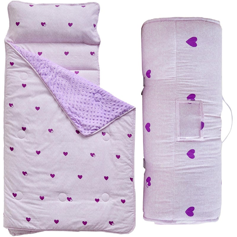 DuShow Toddler Nap Mat with Pillow and BlanketPurple Heart Slumber Bags for GirlsUltra Soft Kids Sleeping Bags with Roll Up DesignPerfect for PreschoolDaycareKindergartenPurple - Image 2