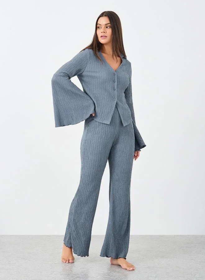 ستايلي Styli Textured Flared Sleeve Shirt and Pyjama Set