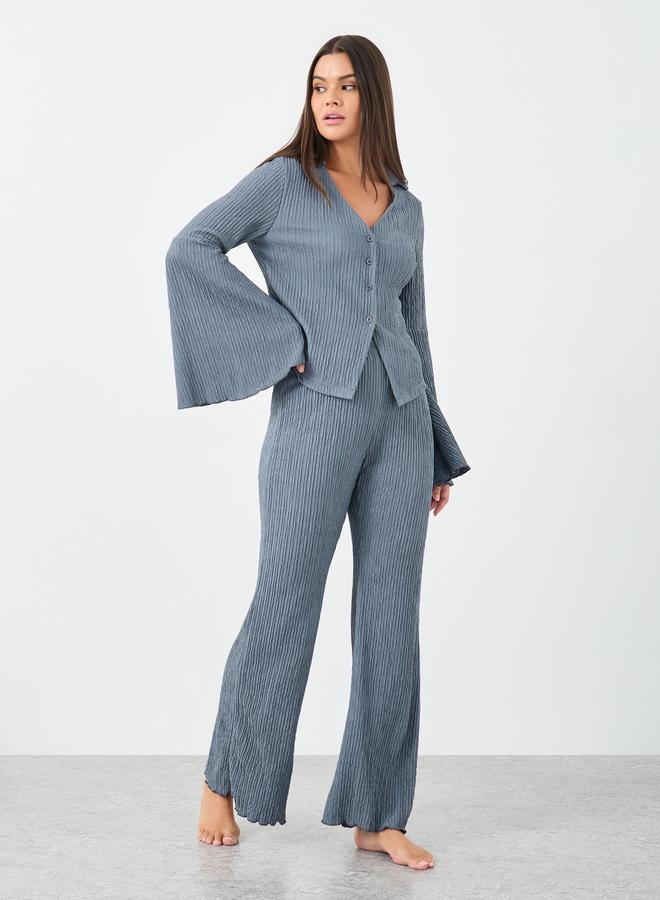 Styli Textured Flared Sleeve Shirt and Pyjama Set - Image 1