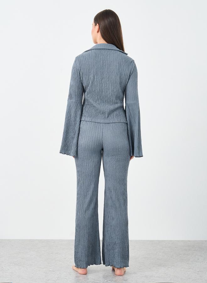 Styli Textured Flared Sleeve Shirt and Pyjama Set - Image 4