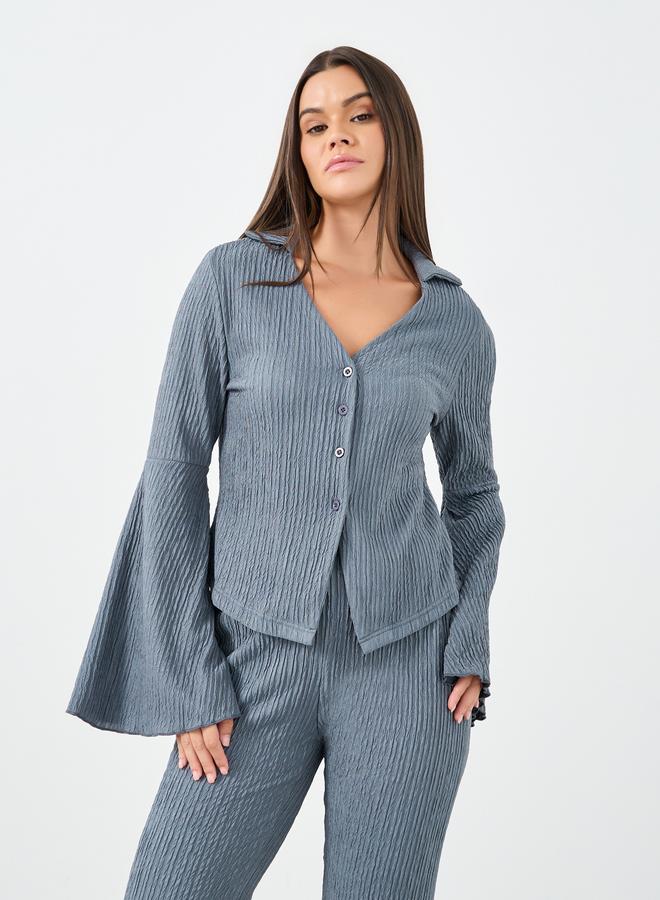 Styli Textured Flared Sleeve Shirt and Pyjama Set - Image 2