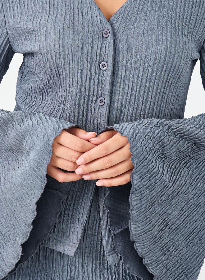 Styli Textured Flared Sleeve Shirt and Pyjama Set - Image 3