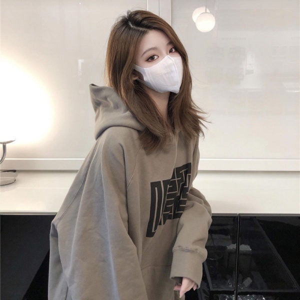 Vintage fleece-lined Sweatshirt Womens 2024 Autumn and Winter New Korean Style Student Printed Hooded Loose Jacket Womens Trendy Brown Gray - Image 3