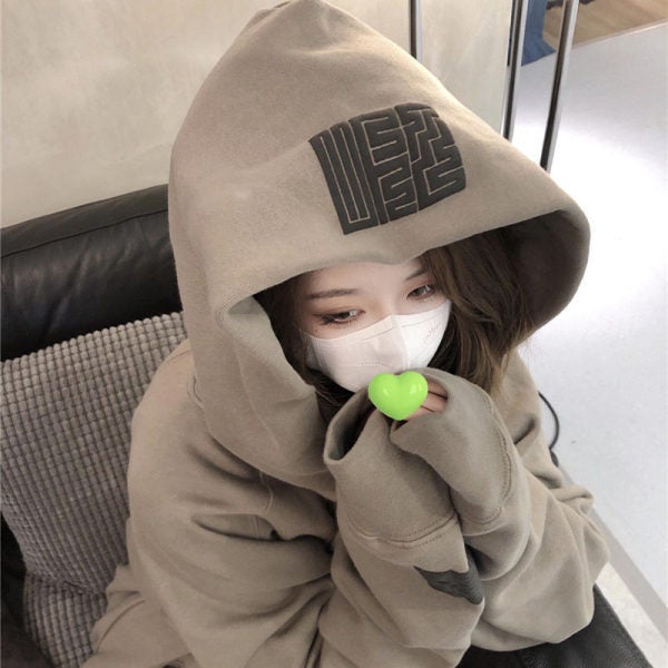 Vintage fleece-lined Sweatshirt Womens 2024 Autumn and Winter New Korean Style Student Printed Hooded Loose Jacket Womens Trendy Brown Gray - Image 5