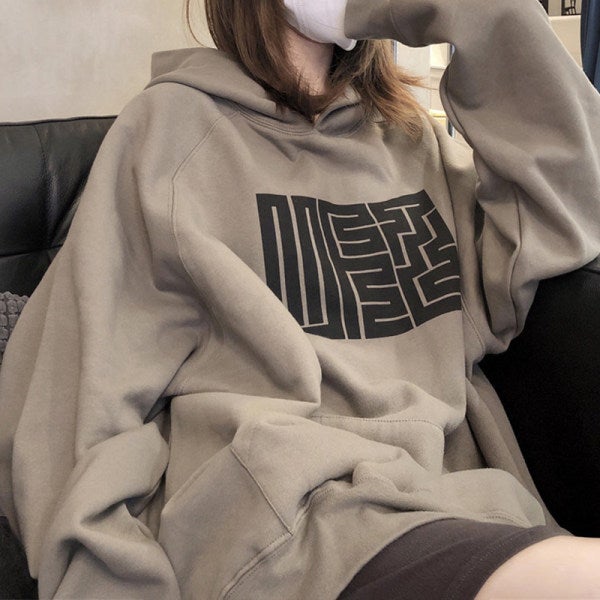 Vintage fleece-lined Sweatshirt Womens 2024 Autumn and Winter New Korean Style Student Printed Hooded Loose Jacket Womens Trendy Brown Gray - Image 2