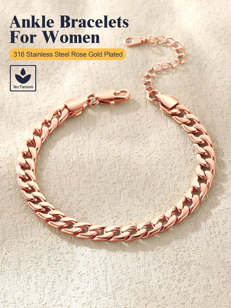 U7 Women Girls Barefoot Jewelry 18K Gold or Rose Gold Stainless Steel Heart/Rope/Figaro/Cuban Chain Anklet Foot Bracelet, 25-30 CM Long - Image 4