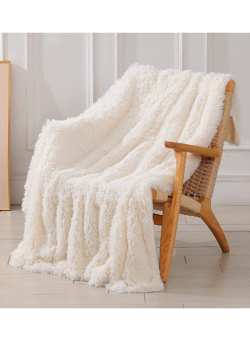 Solid Color Reversible Fluffy Cozy Plush Lightweight Long Sheep Blanket (160CM x 200CM, Cream) - Image 1
