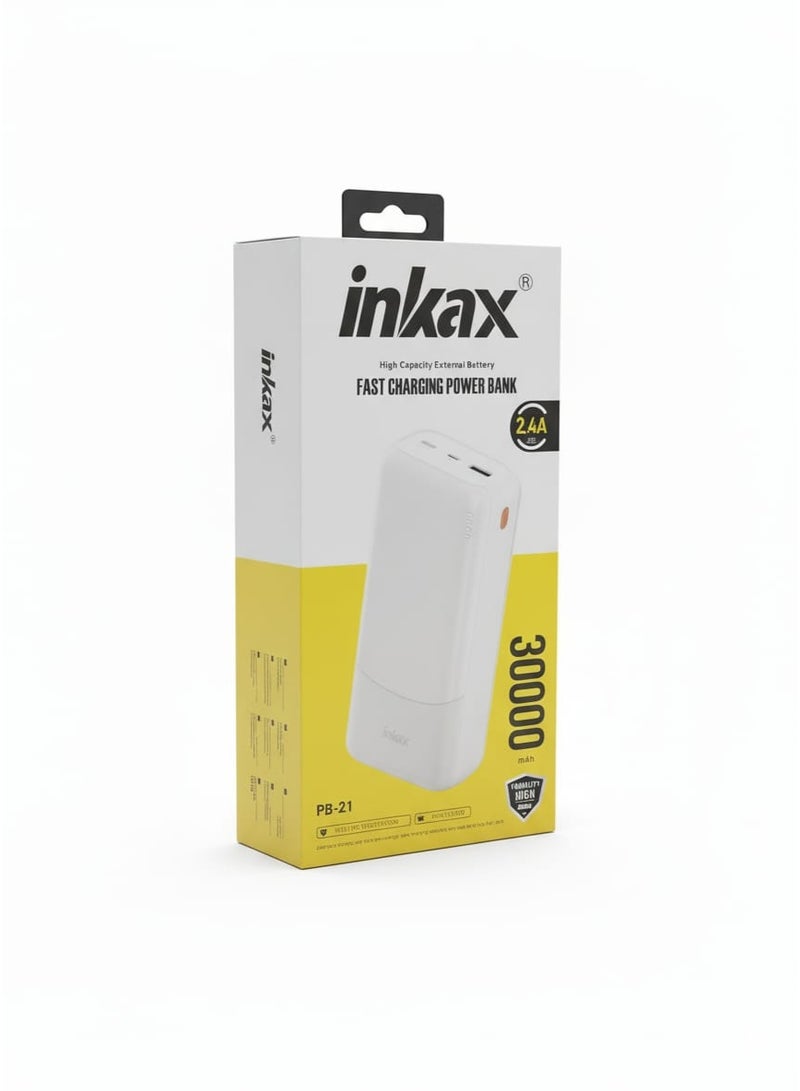 إنكاكس بنك طاقة PB-21 بسعة 30000 مللي أمبير/ساعة مع مصابيح مؤشر، ومنفذ USB ومنفذ Type-C صغير، وشحن سريع 2.4 أمبير، وبطارية خارجية محمولة صغيرة الحجم متوافقة مع جميع الأجهزة - أبيض - Image 2