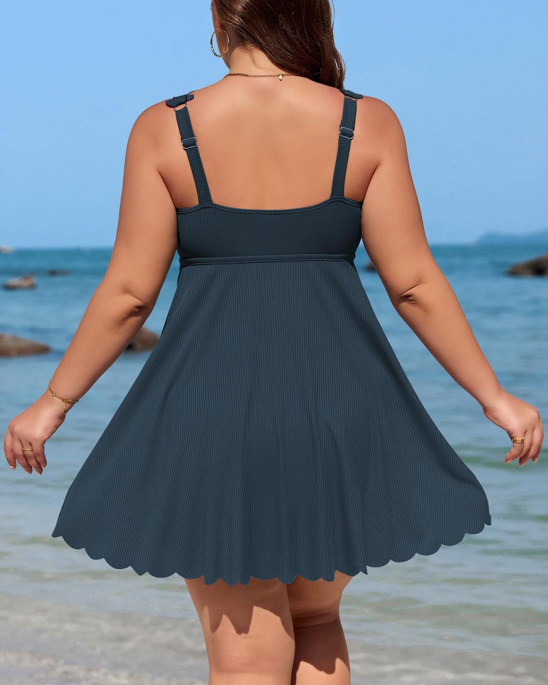Charmo Plus Size Bathing Suit for Women Scalloped One Piece Swimdress Ribbed Tummy Control Swimsuits Ruched Swimwear Navy 3X - Image 3