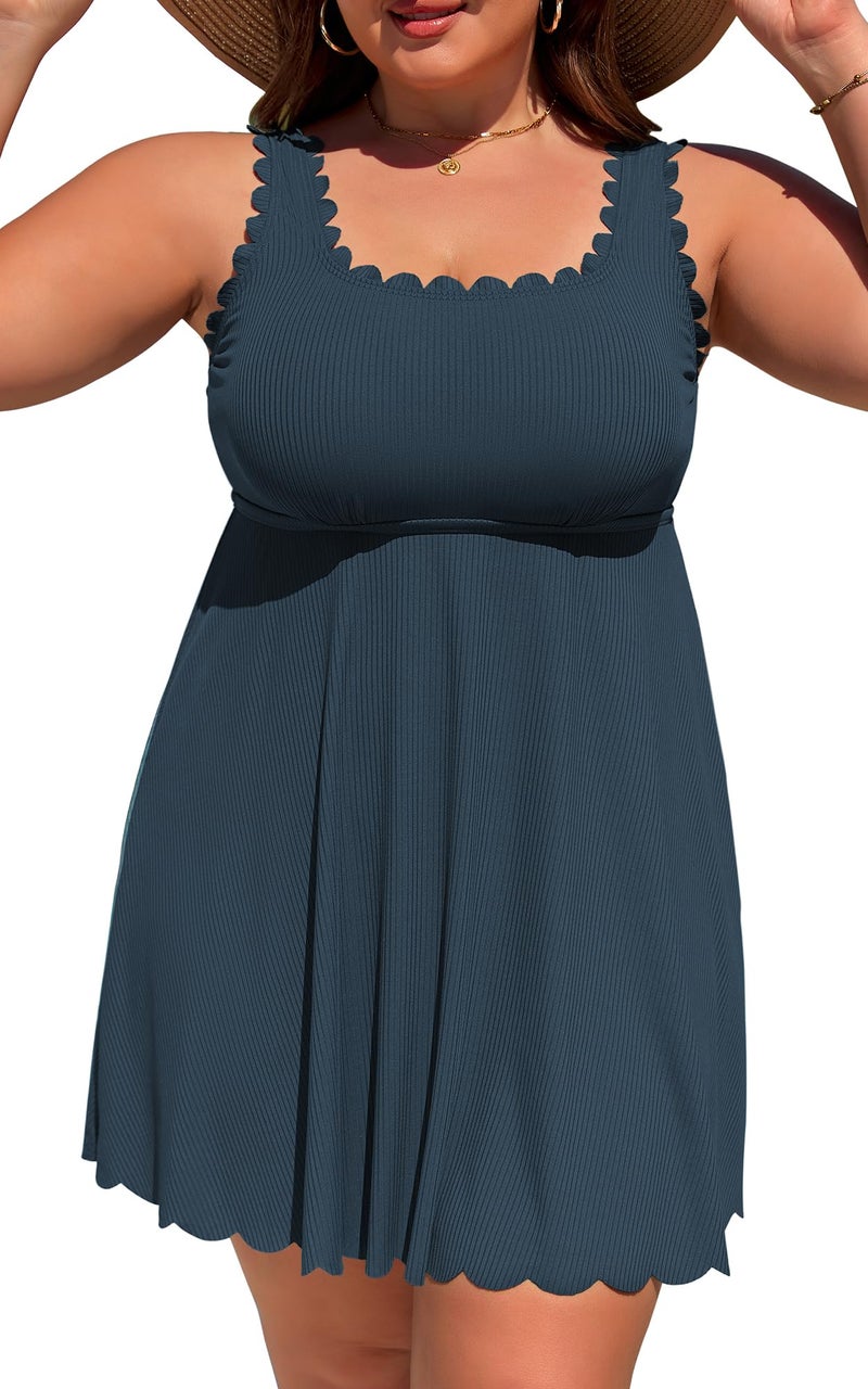 Charmo Plus Size Bathing Suit for Women Scalloped One Piece Swimdress Ribbed Tummy Control Swimsuits Ruched Swimwear Navy 3X - Image 1