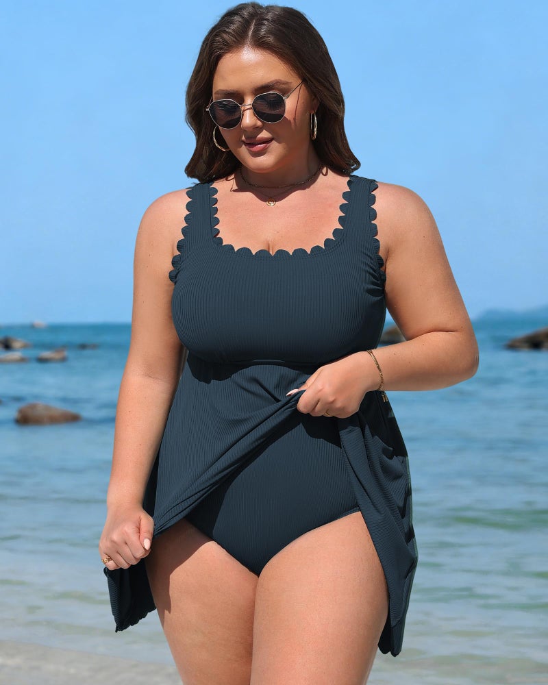 Charmo Plus Size Bathing Suit for Women Scalloped One Piece Swimdress Ribbed Tummy Control Swimsuits Ruched Swimwear Navy 3X - Image 5