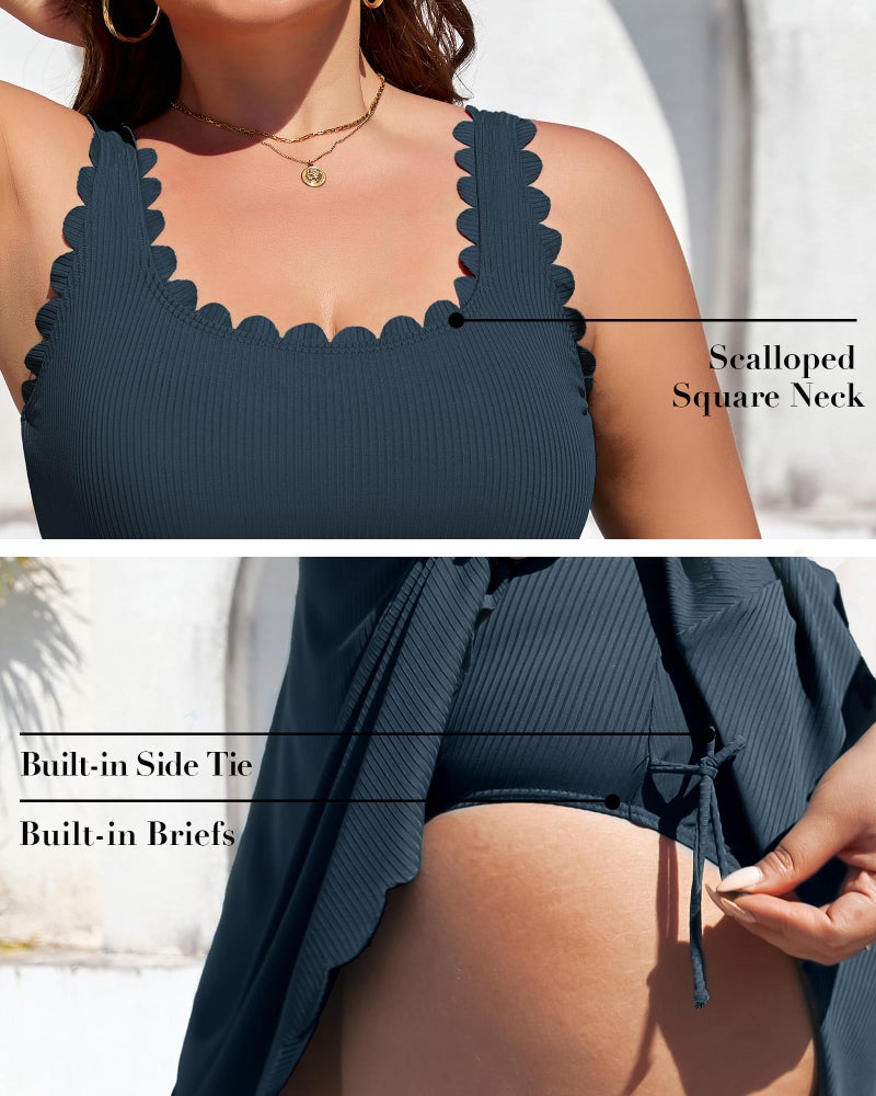 Charmo Plus Size Bathing Suit for Women Scalloped One Piece Swimdress Ribbed Tummy Control Swimsuits Ruched Swimwear Navy 3X - Image 4