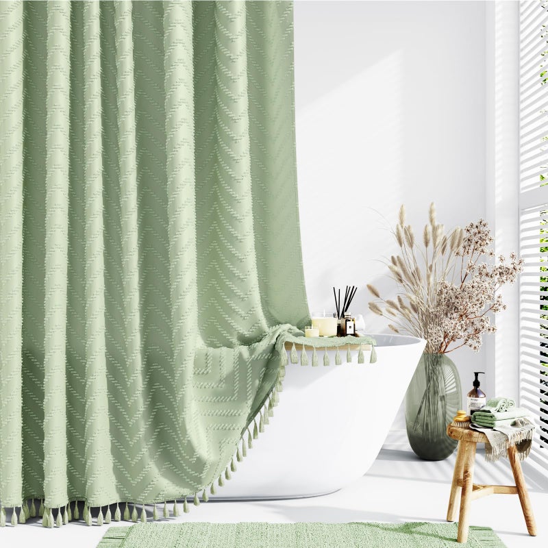 Dynamene Boho Farmhouse Shower Curtain, Sage Green Fabric Tufted Chevron Striped Textured Tassel Shower Curtains for Bathroom, Water Repellent, Minimalist Cloth Shower Curtain Set with Hook, 72x72 - Image 1