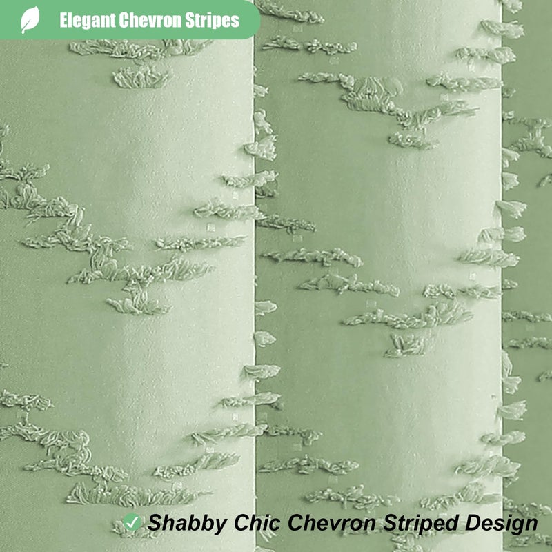 Dynamene Boho Farmhouse Shower Curtain, Sage Green Fabric Tufted Chevron Striped Textured Tassel Shower Curtains for Bathroom, Water Repellent, Minimalist Cloth Shower Curtain Set with Hook, 72x72 - Image 2
