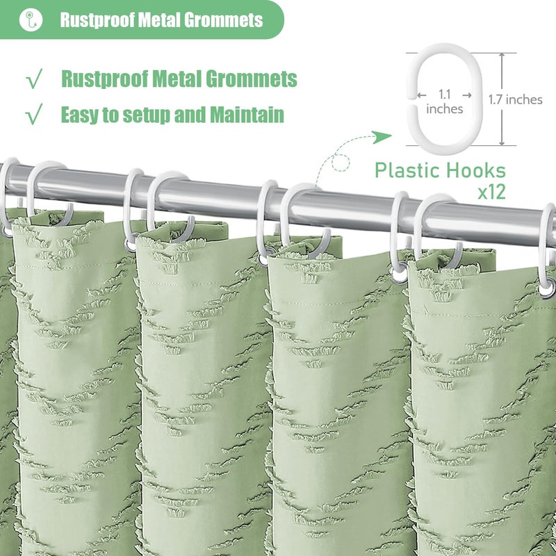 Dynamene Boho Farmhouse Shower Curtain, Sage Green Fabric Tufted Chevron Striped Textured Tassel Shower Curtains for Bathroom, Water Repellent, Minimalist Cloth Shower Curtain Set with Hook, 72x72 - Image 5