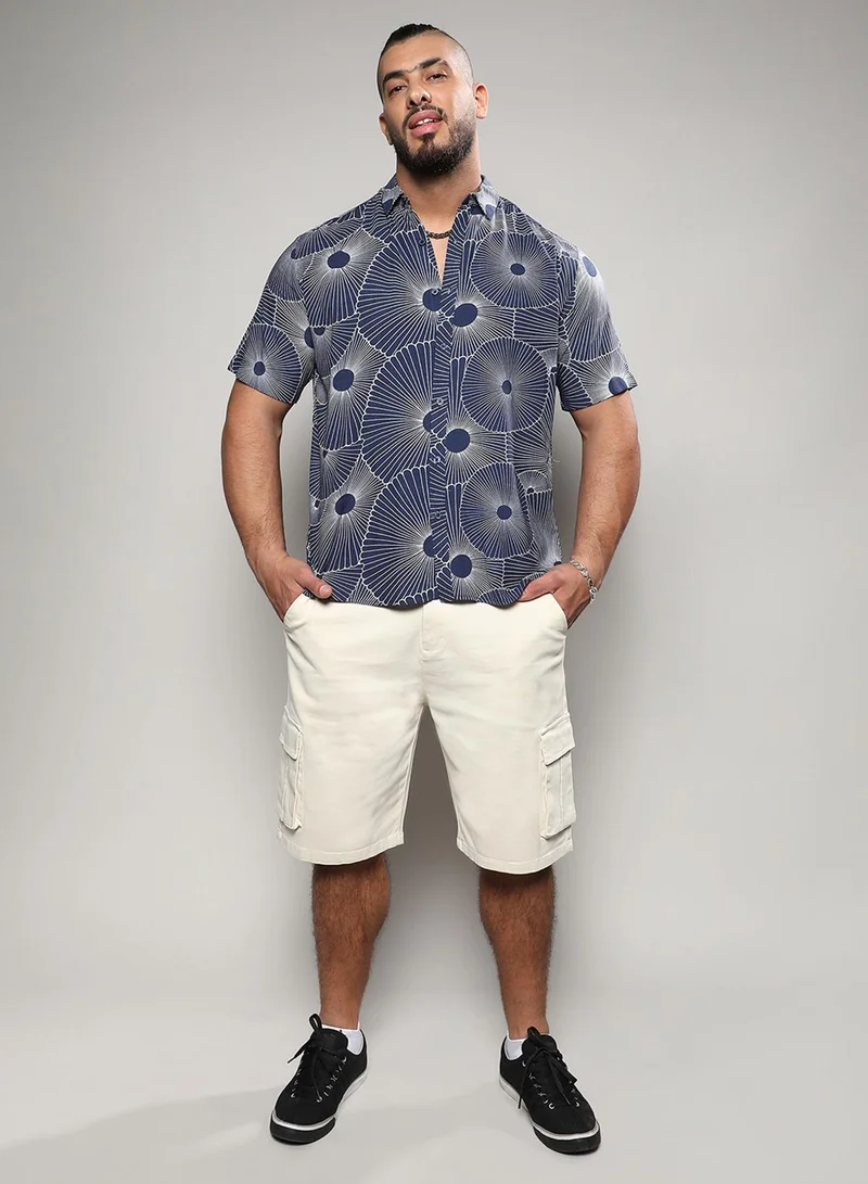 Instafab Plus Instafab Plus Men's Navy Blue Mushroom Print Button Up Plus-Size Fit Shirt For Casual Wear | Heavy Rayon Spread Collar Shirt Crafted With Regular Sleeve & Comfort Fit For Everyday Wear