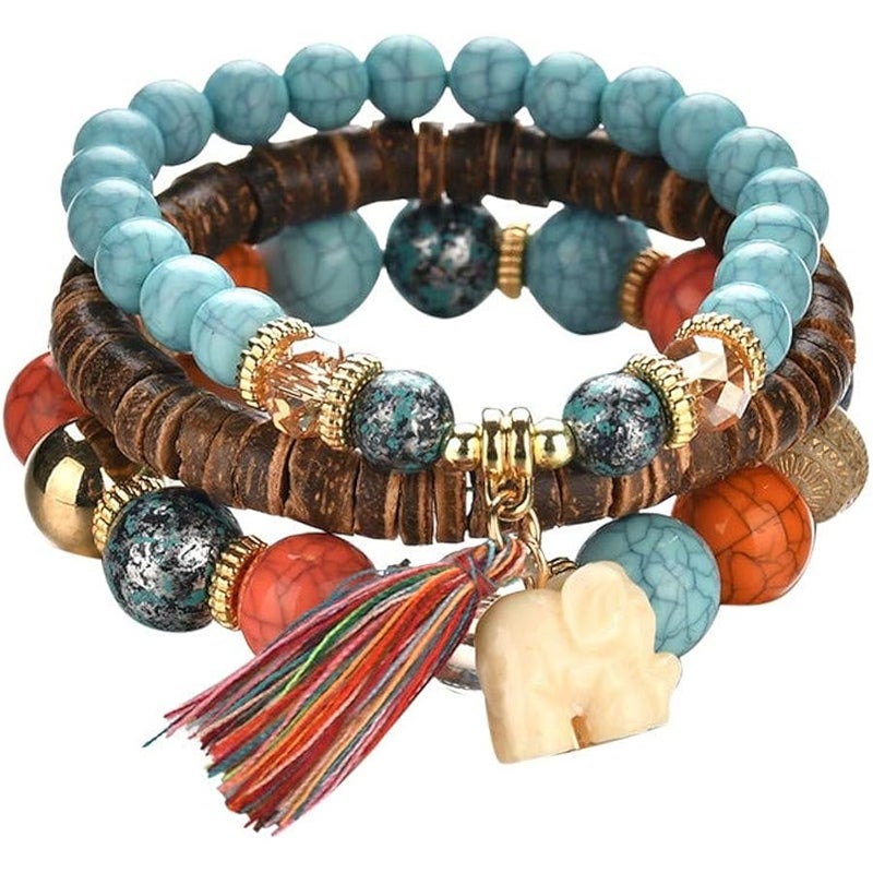 Hithop Bohemian Wood Beaded Bracelets & Bangles For Women Ethnic Tassel Elephant Multilayer Bracelet Charm Pulseiras Bijoux Candy Color Creative Gift Home Christmas Decor Clearance - Image 1