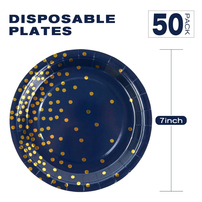 EVYIENEN 50 Pack Deep Blue and Gold Paper Plates  7inch Metallic Foil Polka Dots Disposable Dessert Party Party Supplies Plates for Graduation Birthday Cocktail Party Weddings Holiday Christmas - Image 1