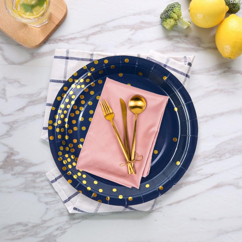 EVYIENEN 50 Pack Deep Blue and Gold Paper Plates  7inch Metallic Foil Polka Dots Disposable Dessert Party Party Supplies Plates for Graduation Birthday Cocktail Party Weddings Holiday Christmas - Image 3