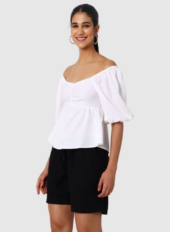 Freehand  Women Regular Fit Textured Sweetheart Neck Short Sleeve Babydoll Top  | Best Price UAE