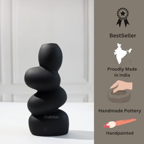 Craftribal's Pebble Vase|Ceramic Flower Vase|10 Inches|Stone Vase|Color (Black) Pebble vase for Flowers Pampass Grass Home Decor Living Room Bedroom Office Center Table - Image 4