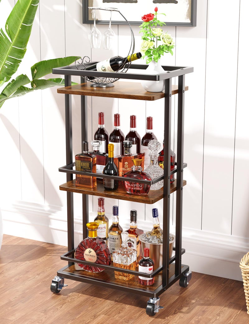 OKZEST 3 Tier Bar Cart for Home Rolling Mini Liquor Bar for Wine Beverage Dinner Party Utility Kitchen Storage Island Serving Cart on Wheels Coffee Bar Cabinet for Kitchen Dining Living Room Brown
