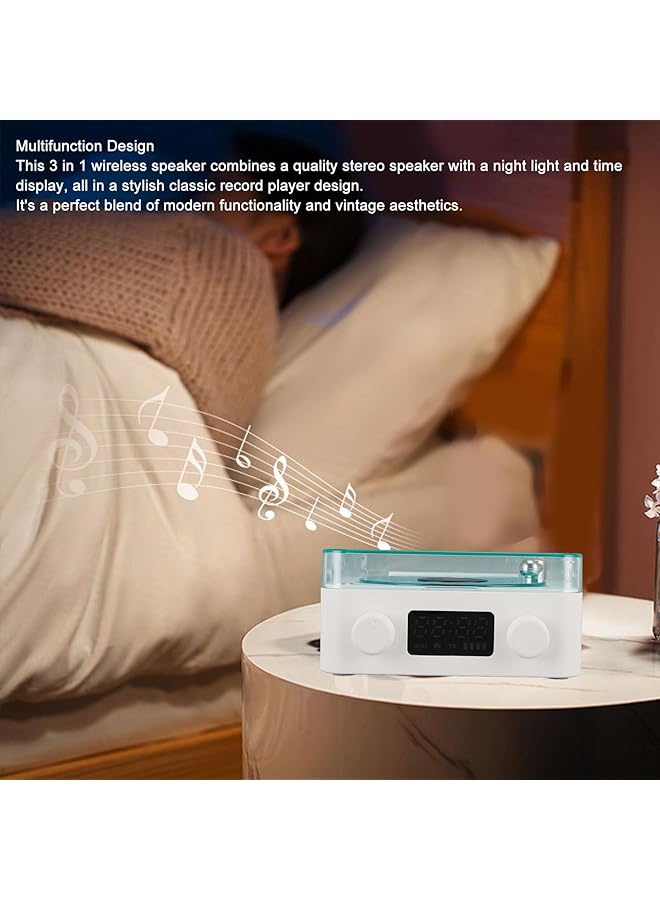 erorex 3 In 1 Vintage Record Player Bluetooth Speaker With Time Display Night Light Stereo Sound White  - Image 3