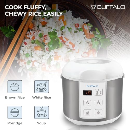 Buffalo طباخ أرز بافالو كلاسيك مع وعاء داخلي من الفولاذ المقاوم للصدأ - طباخ أرز كهربائي للأرز الأبيض/البني، الحبوب - سهل التنظيف، غير سام وغير لاصق، سخان تلقائي (5 أكواب) - Image 4