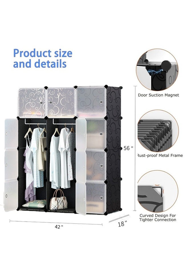 شو وو منظم خزانة ملابس على شكل مكعب، خزائن ملابس لغرفة النوم، خزانة ملابس قماشية محمولة، خزانة وحدات، منظم تخزين ملابس مدمج موفر للمساحة مع سكة ​​تعليق ملابس (12 مكعب) - Image 2