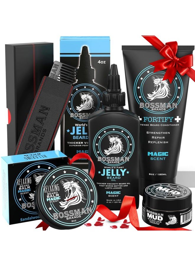bossman Complete Beard Kit – Men's Beard Oil Jelly, Fortifying Shower Conditioner, Balm, Mustache Wax & Comb – Beard Softener & Grooming Care (Magic Scent) - Image 1