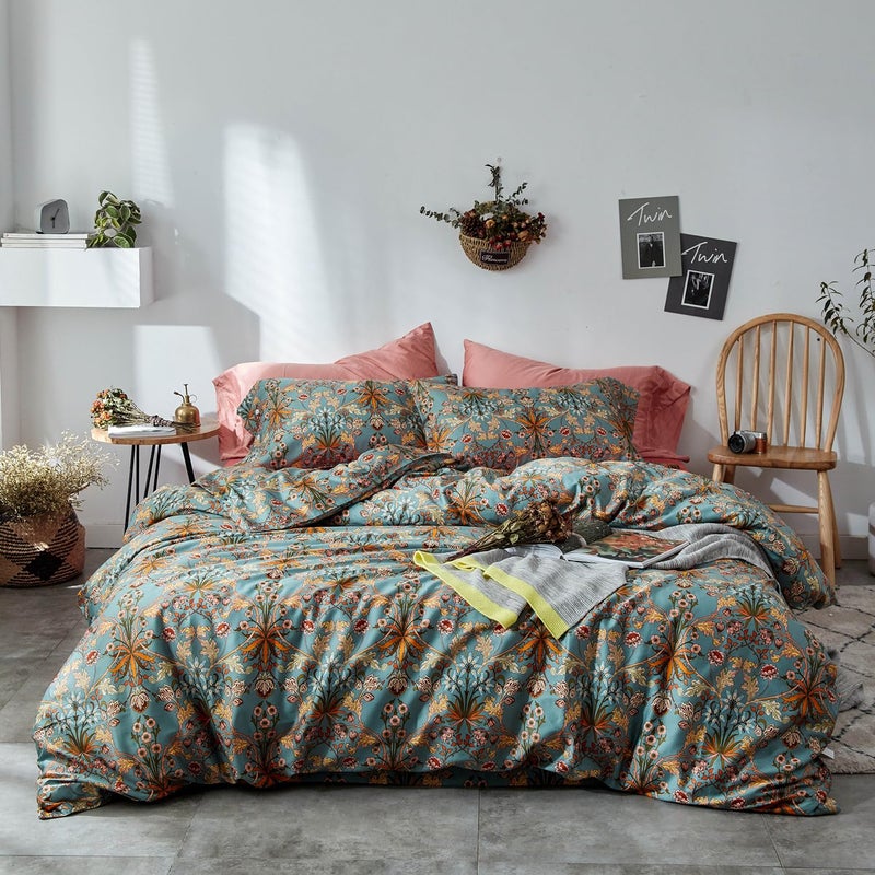 mixinni Vintage Style Garden Flower Duvet Cover Set with Zipper Closure Long Staple Percale Cotton Yellow Vibrant Pattern on Bedding Quilt Cover Set(California King, All Season) - Image 1