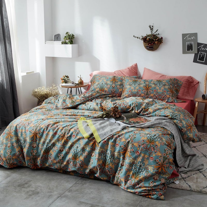 mixinni Vintage Style Garden Flower Duvet Cover Set with Zipper Closure Long Staple Percale Cotton Yellow Vibrant Pattern on Bedding Quilt Cover Set(California King, All Season) - Image 2