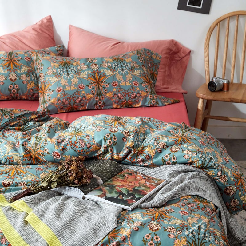mixinni Vintage Style Garden Flower Duvet Cover Set with Zipper Closure Long Staple Percale Cotton Yellow Vibrant Pattern on Bedding Quilt Cover Set(California King, All Season) - Image 4