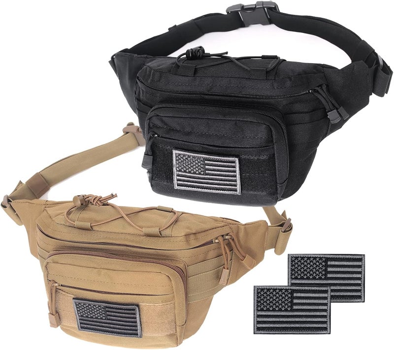 Meprona Tactical Fanny Pack, Military Waist Bag Hip Belt Bumbag Utility Bags for Outdoor Hiking Climbing Fishing with U.S Patch (Black+Tan) - Image 1