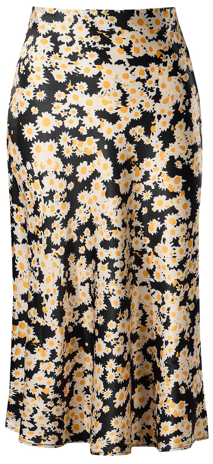 Keasmto Womens Floral Midi Skirt High Waisted Daisy Print Flowers Silk Satin Summer Casual Skirts L - Image 1