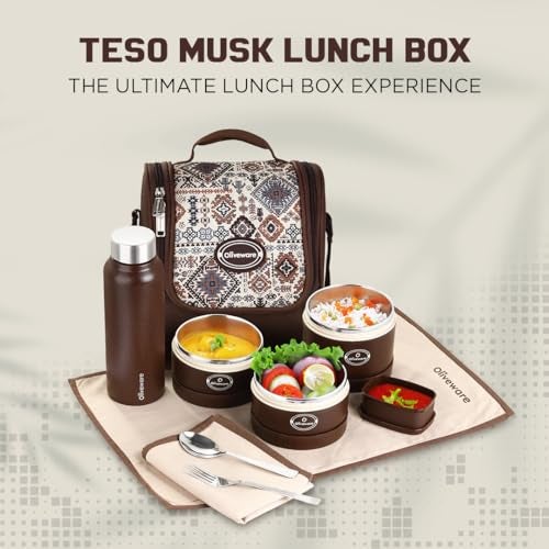 SOPL-OLIVEWARE oliveware Teso Musk Lunch Box | Microwave-Safe Steel Containers | Set of 3 Containers(1x620ml, 2x420 ml) with 750ml Steel Bottle + Pickle Box | Leak-Proof & Food Grade Lunchbox-Brown - Image 2