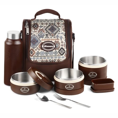 SOPL-OLIVEWARE oliveware Teso Musk Lunch Box | Microwave-Safe Steel Containers | Set of 3 Containers(1x620ml, 2x420 ml) with 750ml Steel Bottle + Pickle Box | Leak-Proof & Food Grade Lunchbox-Brown - Image 1