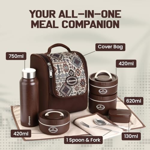 SOPL-OLIVEWARE oliveware Teso Musk Lunch Box | Microwave-Safe Steel Containers | Set of 3 Containers(1x620ml, 2x420 ml) with 750ml Steel Bottle + Pickle Box | Leak-Proof & Food Grade Lunchbox-Brown - Image 3