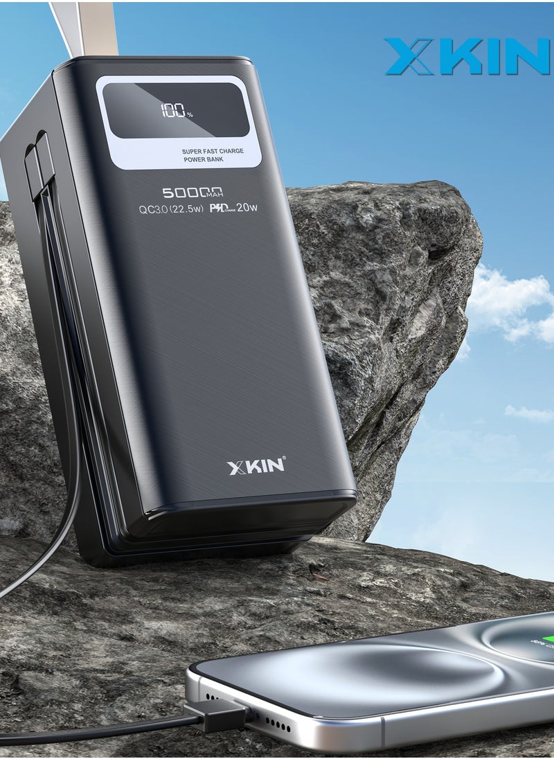 50,000mAh Power Bank with 20W PD fast charging, led flashlight, and quick charging for smartphones, tablets, and laptops."