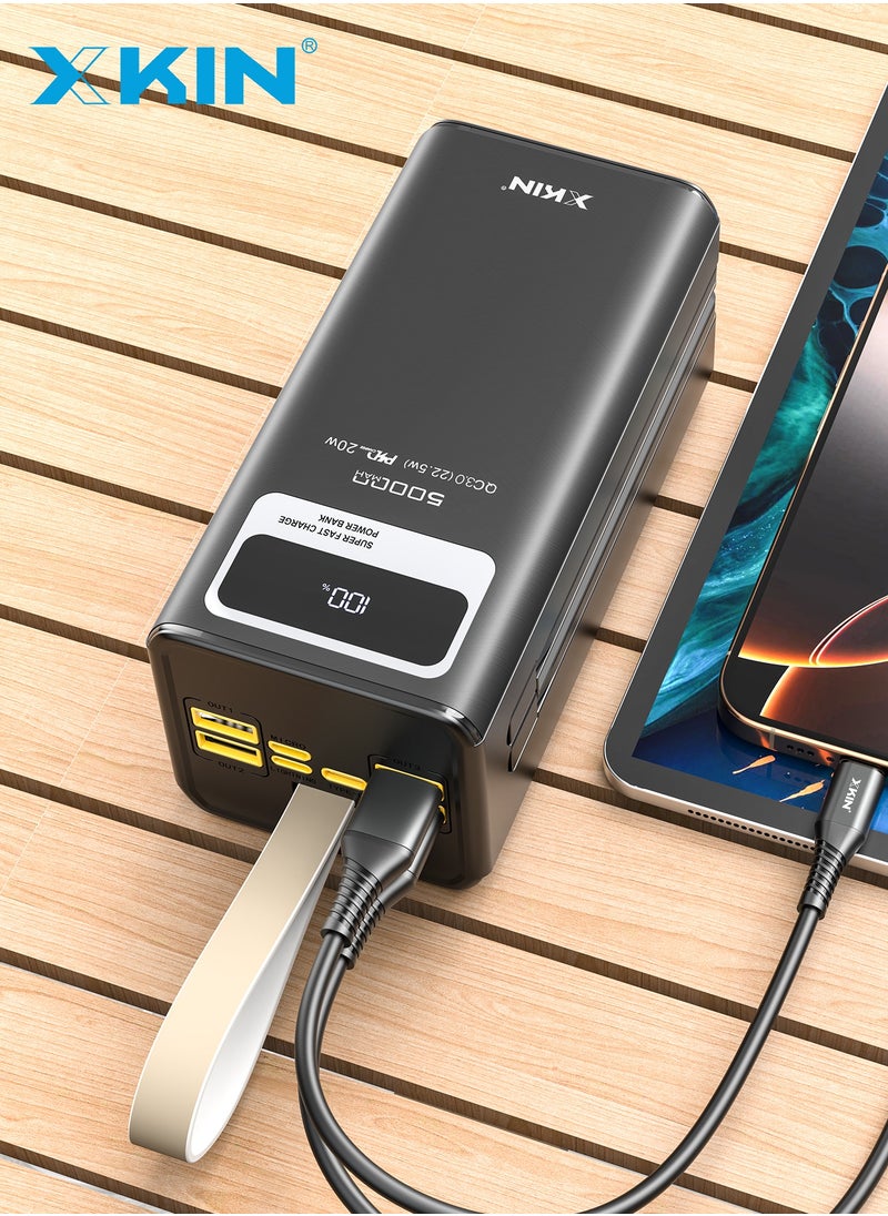50,000mAh Power Bank with 20W PD fast charging, led flashlight, and quick charging for smartphones, tablets, and laptops."