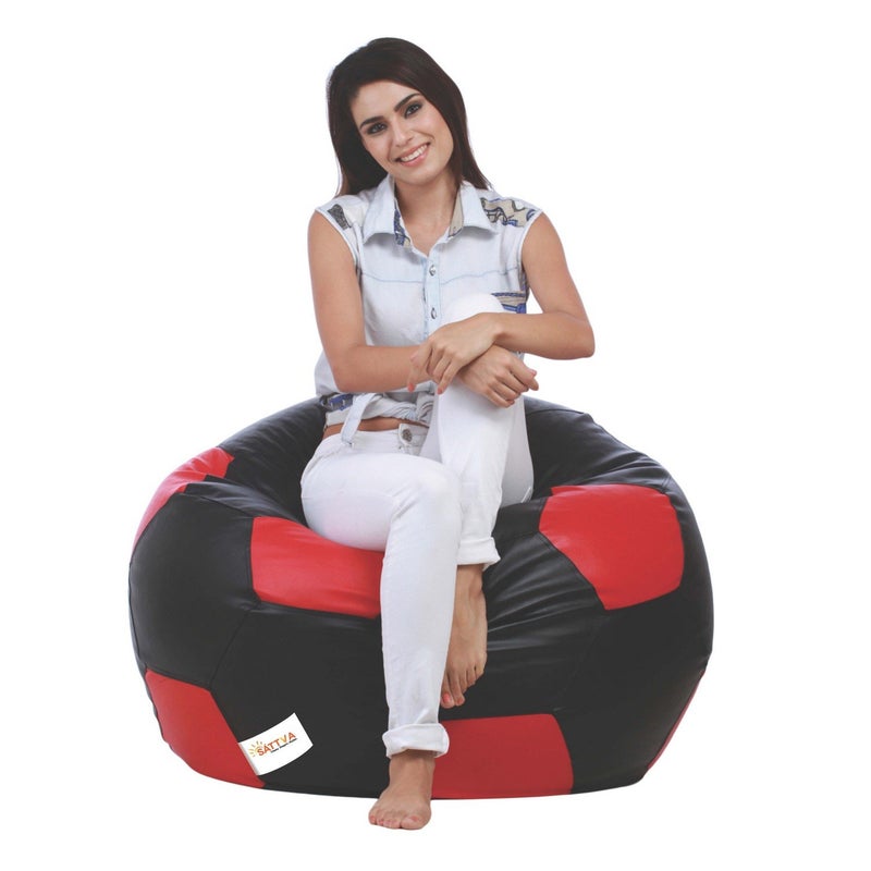 SATTVA Classy.Elegant.Stylish Sattva Combo Football Bean Bag Cover and Round Footstool Cover Without Beans Black Red  - Image 2