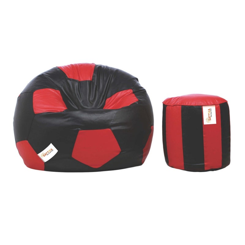 SATTVA Classy.Elegant.Stylish Sattva Combo Football Bean Bag Cover and Round Footstool Cover Without Beans Black Red  - Image 1