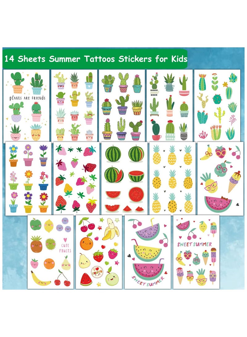 قوس قزح أورينبو 14 ورقة وشم فواكه صيفية للأطفال 140 قطعة وشم مؤقت على شكل صبار وبطيخ وأناناس للأولاد والبنات هدايا حفلات أعياد الميلاد وحشو أكياس الهدايا - Image 2