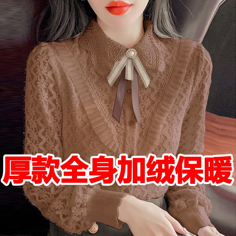 Shirt Womens 2024 Winter New Lace Base Shirt Womens Fashion Loose Doll Collar fleece-lined Shirt Stylish Top Thick caramel color (full body plus velvet)
