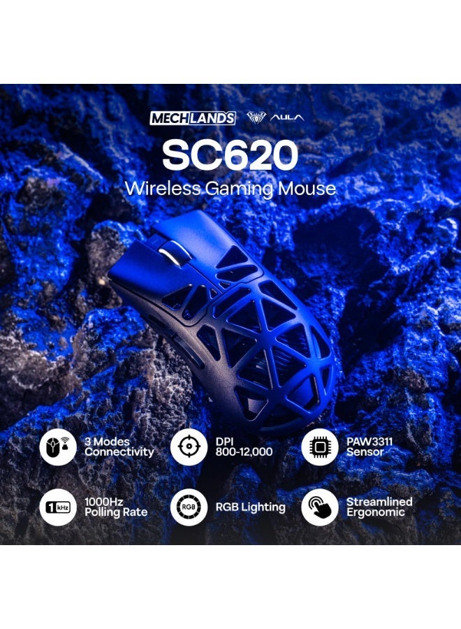 AULA SC620 Gaming Mouse, 2.4G/USB-C/BT Wireless Mouse with 400mAh Battery, Adjustable 12,000 DPI & 1000 Polling Rate, PAW3311 Sensor, RGB Lighting, Programmable Buttons, for Win/Mac (Black) - Image 2