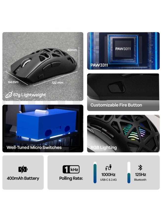 AULA SC620 Gaming Mouse, 2.4G/USB-C/BT Wireless Mouse with 400mAh Battery, Adjustable 12,000 DPI & 1000 Polling Rate, PAW3311 Sensor, RGB Lighting, Programmable Buttons, for Win/Mac (Black) - Image 3