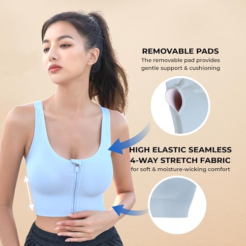 PLUMBURY Women's Seamless Padded High Support Front Zip Cross Back Sports Bra, Size Xl, Blue - Polyamide - Image 4