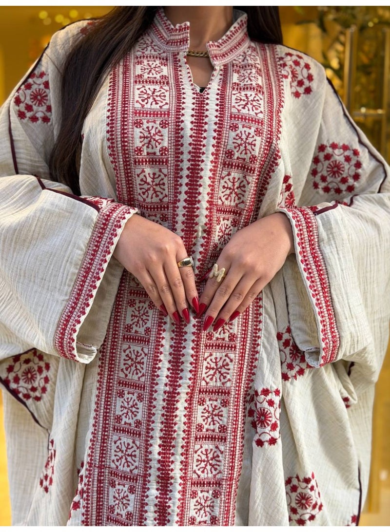 Luxurious pure linen abaya for women – featuring geometric handmade embroidery – relaxed, comfortable fit with wide sleeves - Image 3